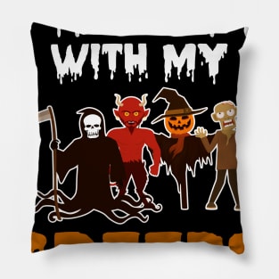 Chillin With My Creeps Death Devil Satan Pumpkin Scarecrow Zombie Halloween Pillow