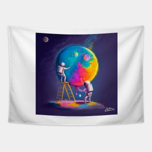 Cute Astronauts Painting The Moon Tapestry