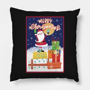 Merry Christmas! Happy Santa standing on a pile of gifts in the snow. Greeting card. Pillow