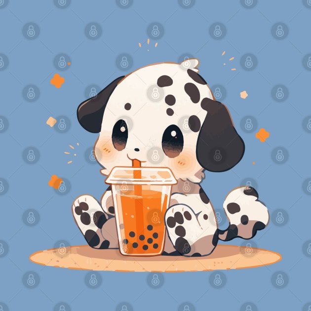 A long-haired dalmatian puppy drinking bubble tea by etherElric