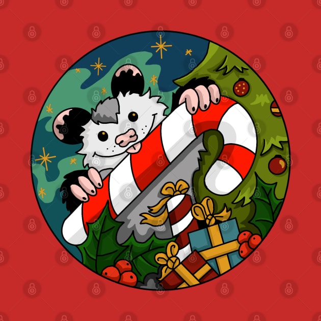 Christmas opossum with candy cane by The Christmas Lady