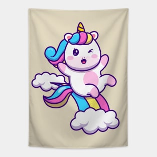 Cute Unicorn Sliding On Rainbow Tapestry