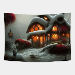 Magical Fantasy House with Lights in a Snowy Scene, Fantasy Cottagecore artwork Tapestry