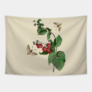 Botanical illustration: raspberry plant and butterflies Tapestry