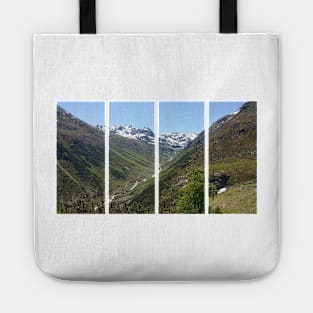 A shot on the move from the driver window of an electric car with snow-covered alps mountains in front of it. Sunny summer day. POV first person view shot on a mountain road. Italy Tote