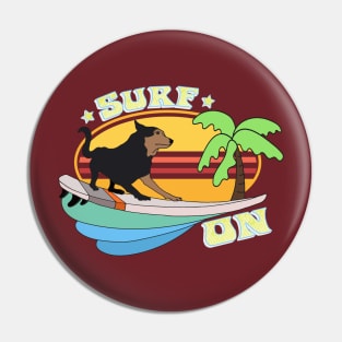 Retro Sunset Surfing Dog Pin