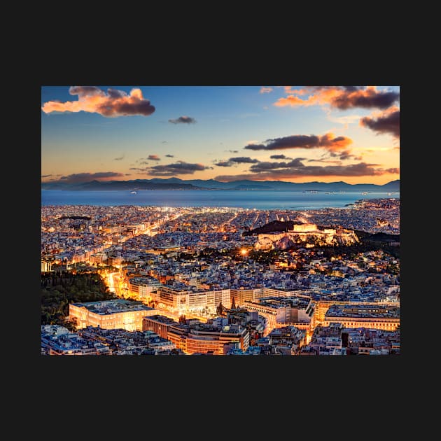 Athens after sunset with a view of the Parthenon on the Acropolis, the Parliament and the Saronic islands in Greece by Constantinos Iliopoulos Photography