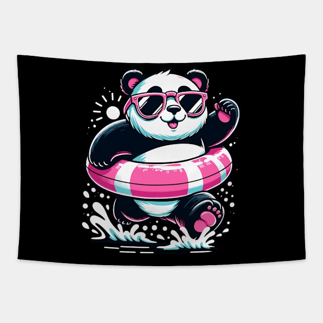 Pool Party Panda in Sunglasses on a Pink Float Funny Pool Panda Tapestry by KsuAnn