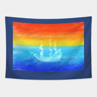 sunset art, sunrise art, pirate ship, boat art, Tapestry