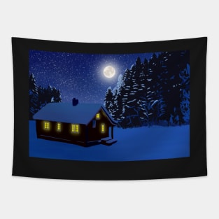 Winter Cabin Landscape Tapestry