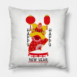 Happy Chinese New Year Dragon Head and Lanterns Pillow