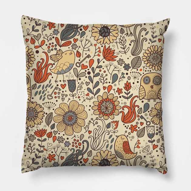 Flower & Bird Pattern Pillow by AnnieWijaya