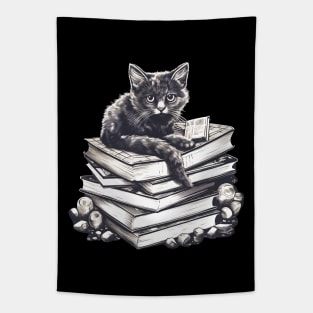 Bookish cat sleeping on books - Kitten lady & librarian gift Tapestry