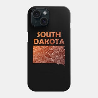 Colorful mandala art map of South Dakota with text in brown and orange Phone Case