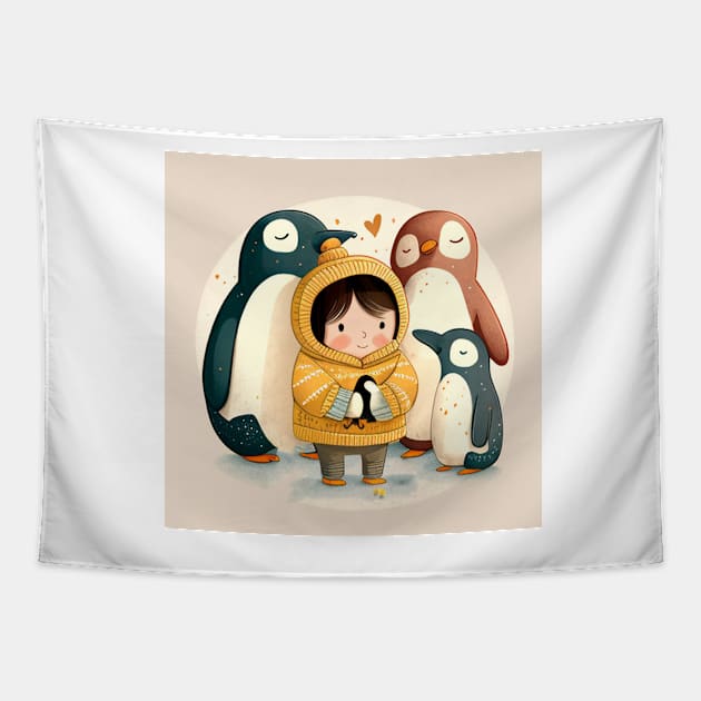 Boy and the Penguin's Penguin Day Celebration Tapestry by IstoriaDesign