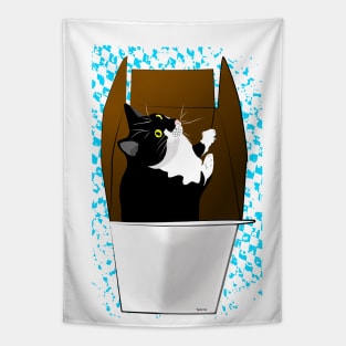 Cute Tuxedo Cat in a box Copyright TeAnne Tapestry