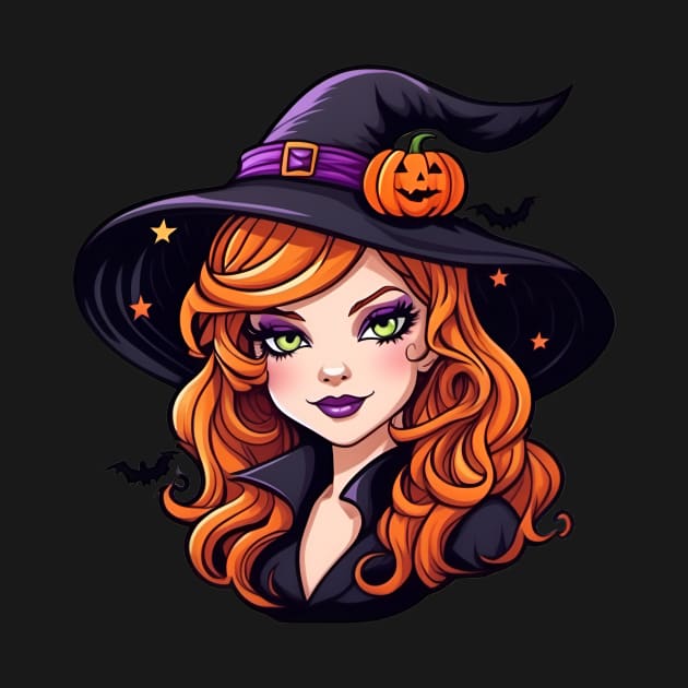 a witch with long red hair wearing a hat by CreativeXpro