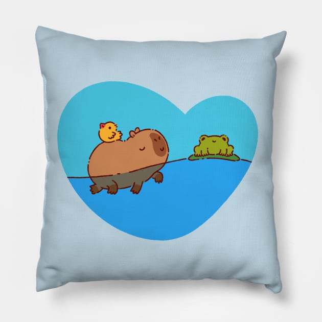 Capybara swimming with a bird and a frog Pillow by Tinyarts