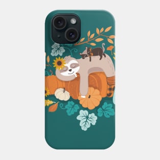 Sloths in pumpkin mood // spot // green background orange teal and aqua autumnal pumpkins fall leaves shepherd’s check yellow sunflowers Phone Case