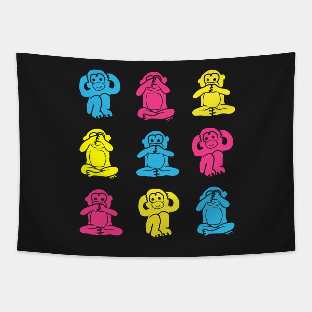 Illustration of Three Wise Monkeys in pink, blue and yellow on white background Tapestry by marufemia