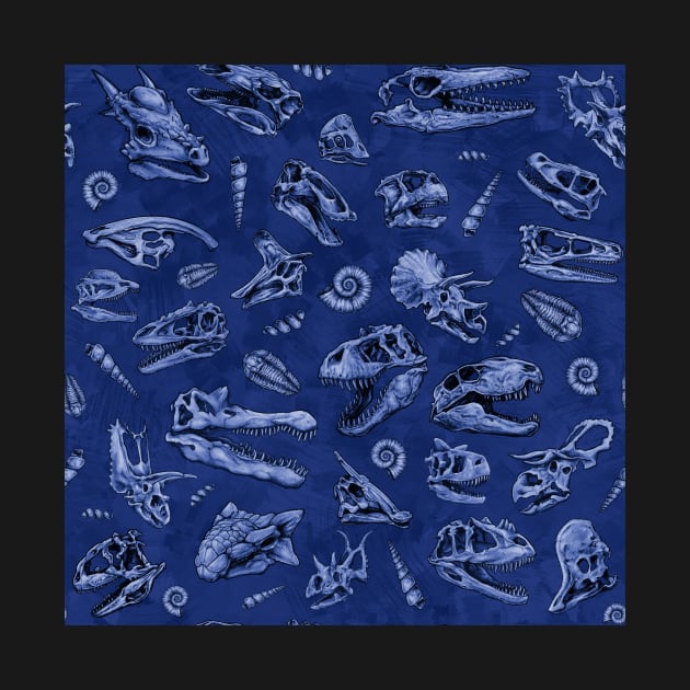 Dinosaur skull sketch tiled pattern blue by CassWArt