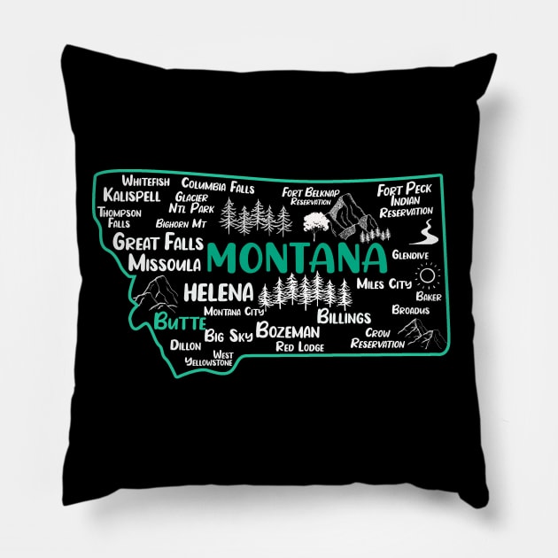 Cute map of Butte Montana, Helena, Missoula, Great Falls, Bozemian, Billings, Kalispell, Big Sky Pillow by BoogieCreates