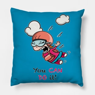 Cute courageous girl skydiving. You Can Do It! Pillow