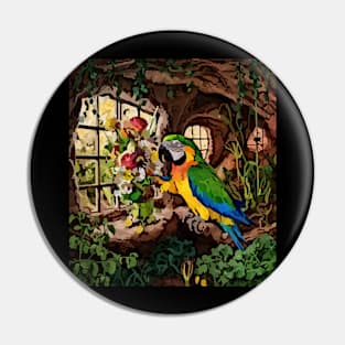 watercolor parrot with garden and mixed flowers Pin