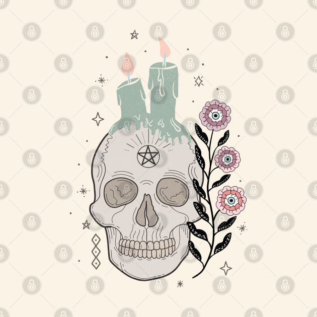 Skull with flower and candles - line art -earthy tones by misentangled