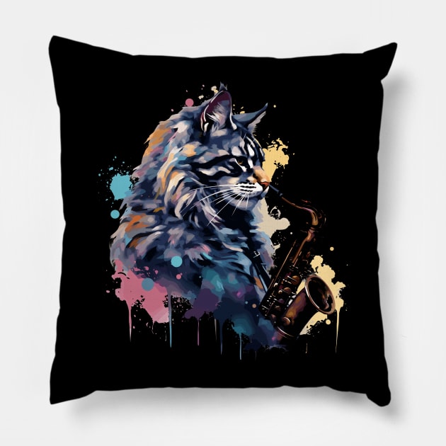 Maine Coon Cat Playing Saxophone Pillow by Graceful Designs