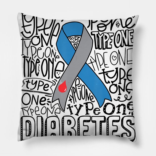 Diabetes awareness Grey Blue Ribbon Typography Type 1 Diabetes Gift Pillow by thuylinh8