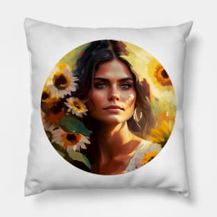 Beautiful feminine Portrait & flowers, Abstract Mexican Girl painting,  pretty woman Pillow