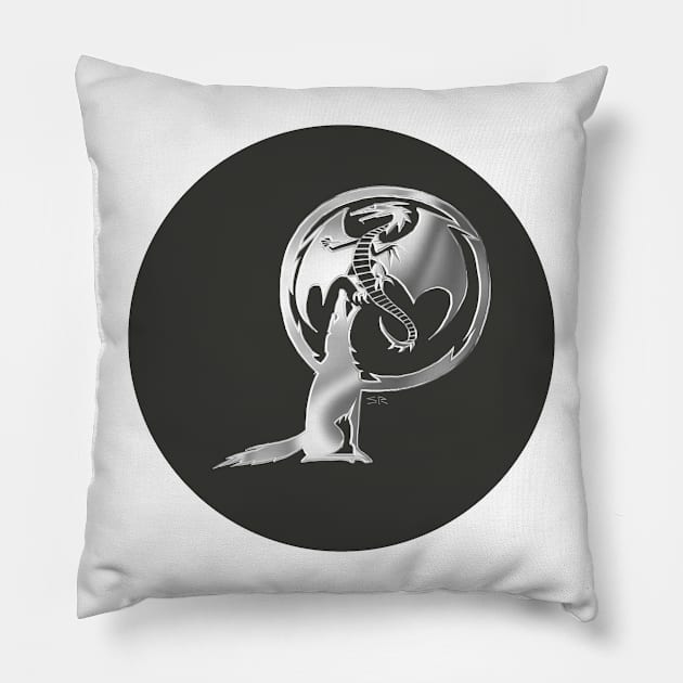 Wolf and Dragon Pewter black Pillow by SteamyR