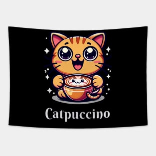 Kawaii Cat Orange Cat Drinking Cappuccino Tapestry