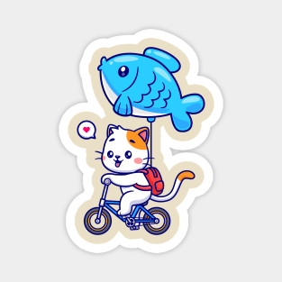 Cute Cat Riding Bicycle With Fish Balloon Cartoon Magnet