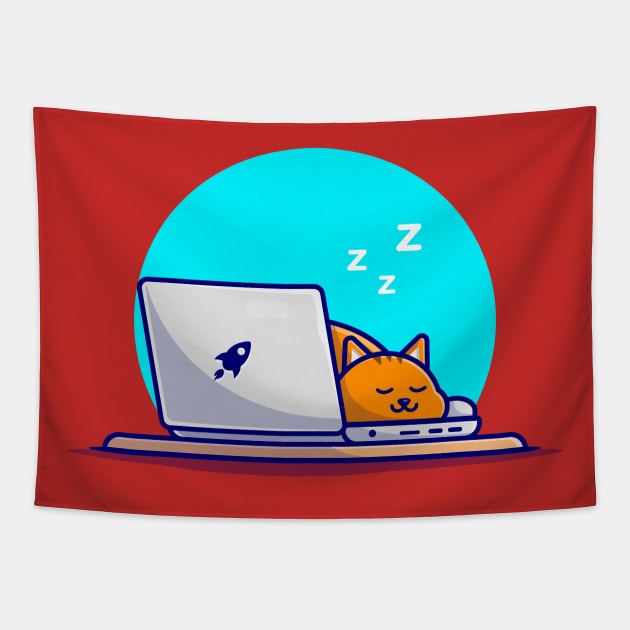 Cute Cat Sleeping On Laptop With Coffee Cup Cartoon Vector Icon Illustration Tapestry by Catalyst Labs