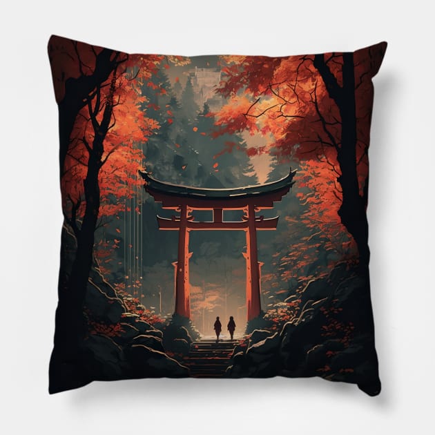 Magical Torii Gate in Autumn Japanese Forest - Aesthetic Anime and Manga-inspired Design Pillow by cocorf