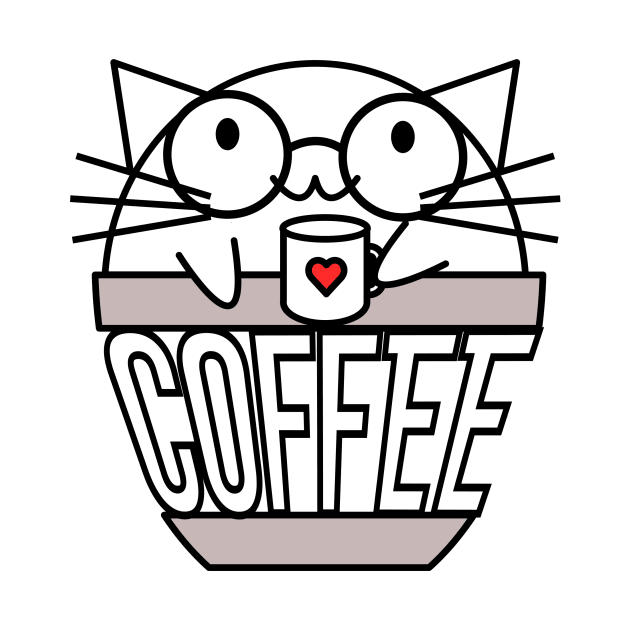 Cat in coffee cup with warped text holding coffee cup with heart wearing glasses by coffeewithkitty