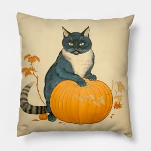 Japanese Cat on a Halloween Pumpkin During the Halloween Season on a Dark Background Pillow