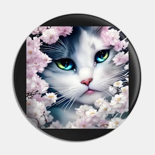 White Kitten surrounded by Pink Flowers | White, grey and blue cat with blue and yellow eyes | Digital art Sticker Pin