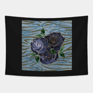 Wild Tiger Stripe Golden Blue Roses Tapestry