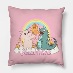 Team work! Cute cat and dino Pillow