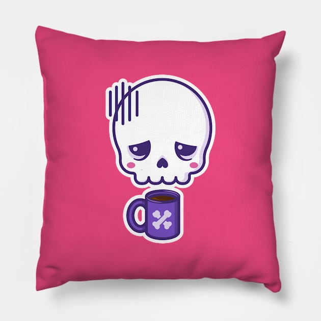 Dead inside, but caffeinated - kawaii skull with coffee cup (white outline) Pillow by Sugar & Bones