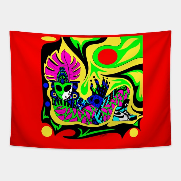 alien mayan lord in stylish shoes kaleidoscope ecopop Tapestry by jorge_lebeau