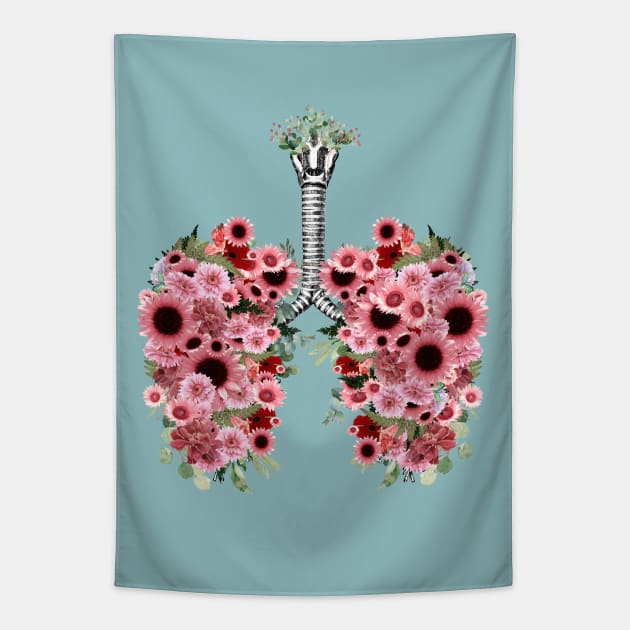 Lungs with pink daisy  flowers, lungs cancer, respiratory therapist Tapestry by Collagedream