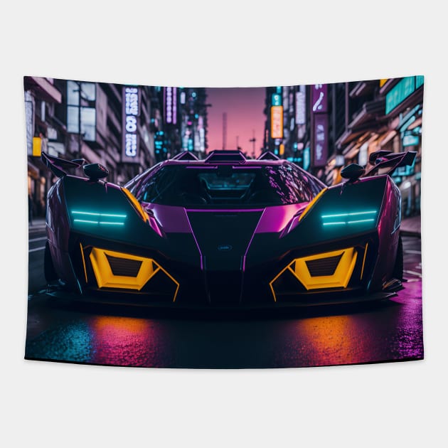 Dark Neon Sports Car in Japanese Neon City Tapestry by star trek fanart and more