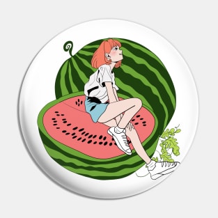 A Little Girl Sitting on Giant Colorful Fruits Pin
