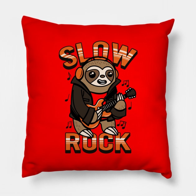 Funny Cute Kawaii Sloth Rocker Playing Guitar Slow Rock Cartoon Pillow by BoggsNicolas