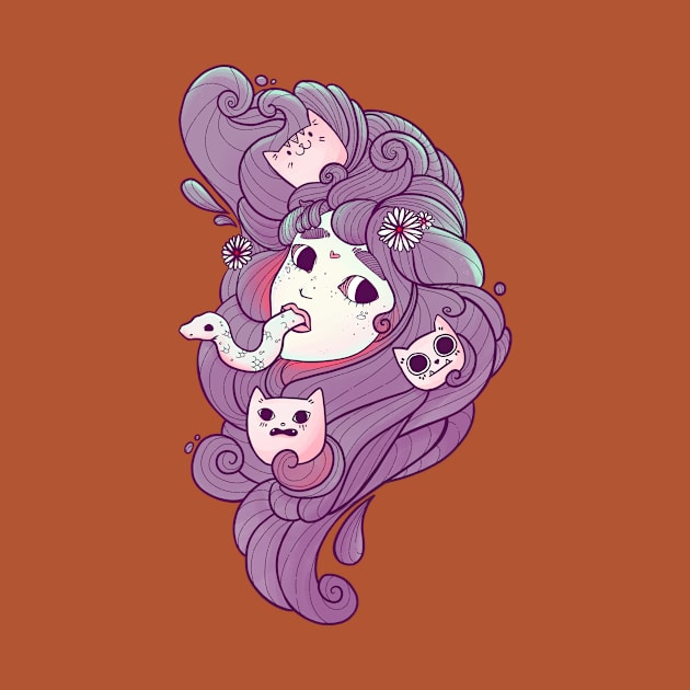 Dreamy Girl Head With Cats And Snake Art by cellsdividing