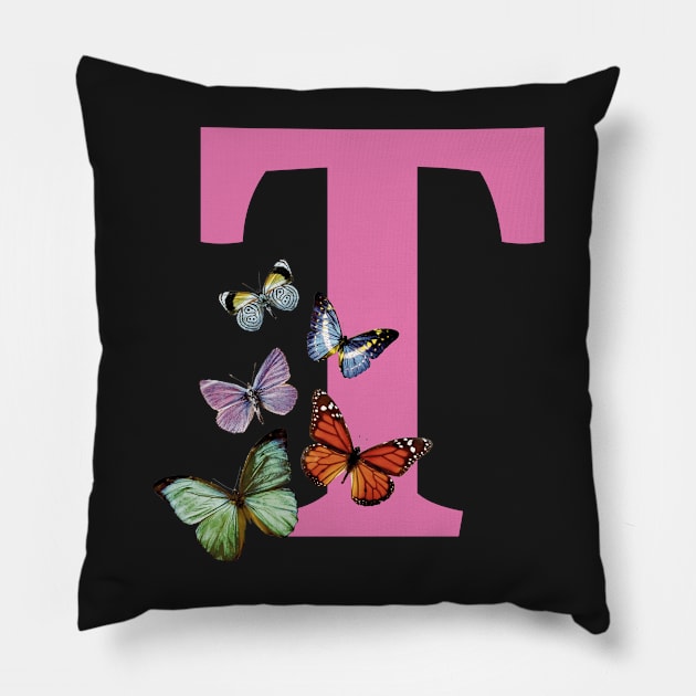 Letter pink T with colorful butterflies Pillow by ColorsHappiness